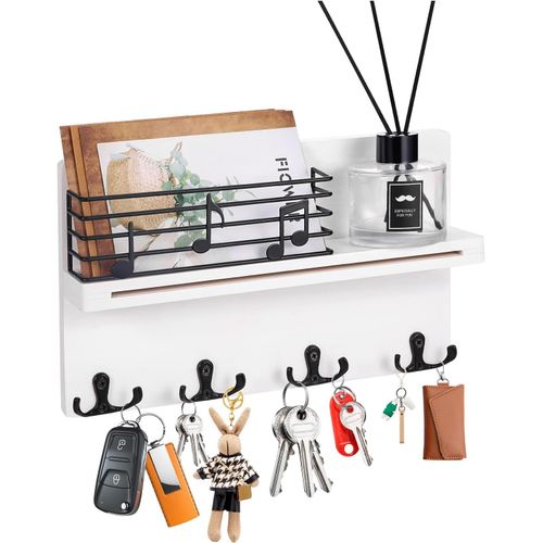 Checarzhn--No1-Porte-Clés Pour Mur, Porte-Clés Avec 4 Crochets Doubles Et Clôture, Organ Ur Mural En Bois Avec Étagère Pour Entrée, Vestiaire (Blanc)