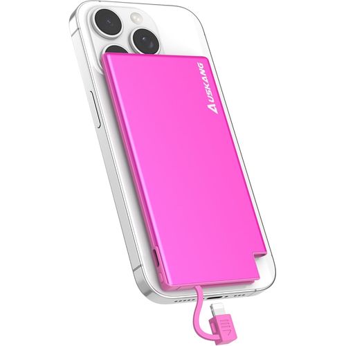 Thef-Power Bank 5000mah Avec Câbles Intégrés Pour Iphone - Ultra Mince Et Super Léger Chargeur Portable Compatible Avec Iphone (Excluant Iphone 15 Series)-Rose
