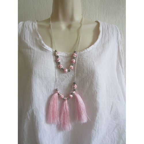 Sautoir À 2 Rangs Avec Perles En Céramique Et Pompons