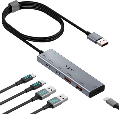 KALANKA-Hub USB 3.2 Gen 2 Data Hub 10 Gbps avec Câble 120cm USB-A vers 2 Ports C et 2 Ports A, Aluminium Adaptateur USB 3.2 Compatible avec MacBook Air/Pro,iMac,etc