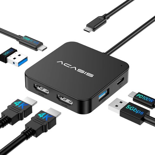 HUB USB C Double Moniteur,Dock USB C 6 en 1 vers Double 4K HDMI,100W PD,2 USB 3.0,1 USB C 3.0,pour MacBook,Steam Deck,Dell/HP/Lenovo/Surface/Switch