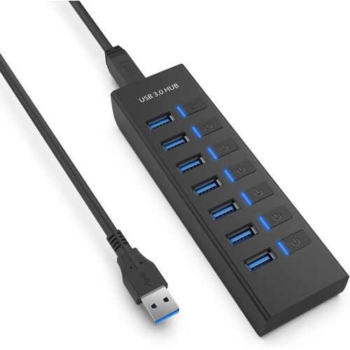 Hub USB 3.0 avec 7 ports USB-A, câble de 100 cm, connecteur d'alimentation 5 V et interrupteur séparé avec affichage LED pour Windows 10, Mac OS, iPad OS, Linux 2.6.14 et plus encore