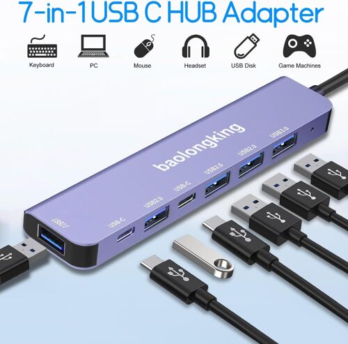 Adaptateur Hub 7 en 1, hub USB C avec 2 ports de données USB-C, USB 3.0 et 4USB2.0, adaptateur multiport USB C portable, pour tablette, ordinateur portable, PS5/PS4, commutateur, imprimante
