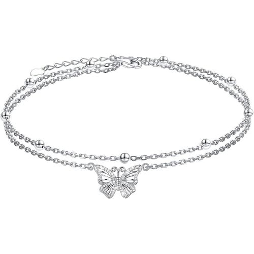 Senior-Chaîne De Cheville Or Argent Pour Dames Set I Papillon Layered Chaîne De Cheville I Été Pieds Nus Plage Chaîne De Cheville - Réglable 22+5cm -Cadeaux Pour Petite Amie (Papillon - Argent)[L441]