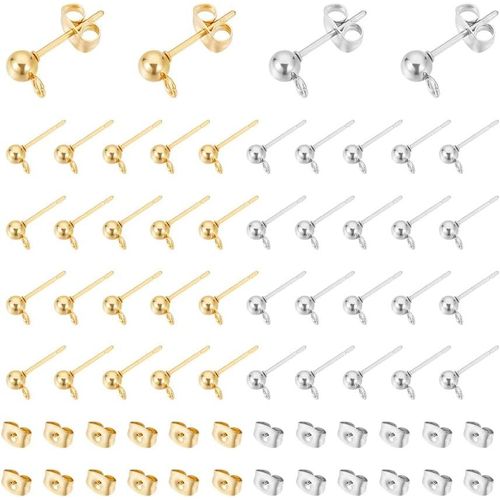 Meimie-80 Pcs 2 Couleurs Boucles D'oreilles Boule En Acier Inoxydable Avec Écrous D'oreille Boucles D'oreilles Résultats Boule Boucle D'oreille Post Pour Boucle D'oreille Faire Broche 0.8mm