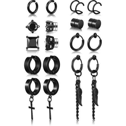 Meimie-9 Paires Boucles D'oreilles Studmagnétiques À Charnière De Plume En Acier Inoxydable Cz,Noir