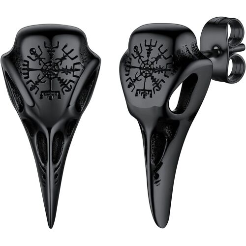 Kal-Boucles D'oreilles Homme Viking Crâne De Corbeau, Clous D`Oreille Clou Et Puces Vikings Nordique Acier Inoxydable/Or/Noir,Bijoux Gothique Biker