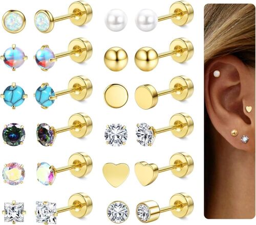 12 Pairs Small Women's Surgical Steel Hypoallergenic Earrings Cartilage Beads Turquoise Moonstone Zircon Stud Ear Piercing Jewellery