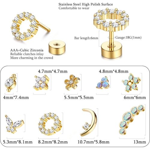 Boucle D'oreille Cartilage 16g Pour Femme Boucles D'oreilles À Dos Plat À Vis En Acier Inoxydable 316l Papillon Lune Fleur Opale Cartilage Tragus Daith Helix Boucles D'oreilles Pie[Bou9241861]