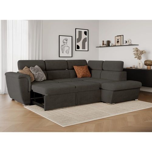 Canapé D'angle Droit Convertible Avec Coffre En Velours Côtelé Gris