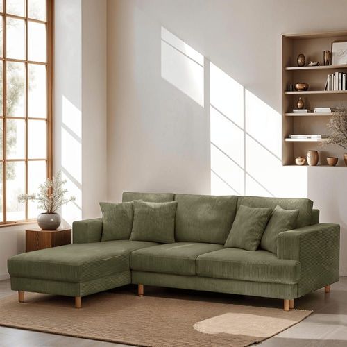 Canapé d'angle à gauche convertible 4 places en velours côtelé vert