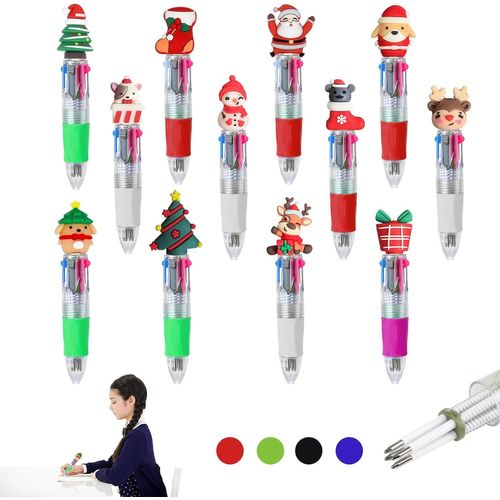 Kalhj-Lot De 12 Mini Stylos À Bille Multicolores De Dessin Animé De Noël,Père Noël Elk Multicolore,Presse À Stylo À Bille 4 Couleurs,Stylo À Bille Multicolore Pour Étude De Bureau