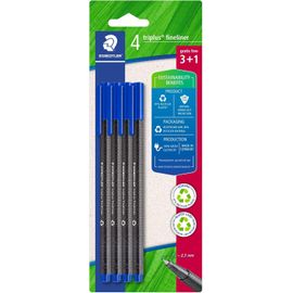 Triplus Fineliner 334 - Blister 4 Feutres Triangulaires - Pointe Superfine 0,3 Mm Bleus - En Plastique 97% Recyclé - 334 R-3bk4