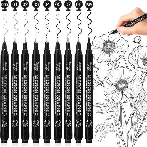 Stylos Feutre Pointe Fine, 9 Pcs Stylos Feutre, Pigment Liner Stylos Fineliner Noir Multi-Taille Pour Dessin Technique, Manga, Illustration