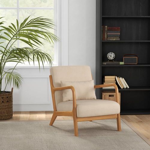 Fauteuil Lounge 3 Coussins Bois Hévéa Aspect Velours Beige