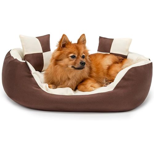 Lit Pour Chien 4-En-1 Avec Coussin Réversible, 65x50 Cm, Coussin Pour Animaux De Compagnie De Toutes Tailles Résistant Aux Griffures Avec Entrée Basse, Marron/Beige