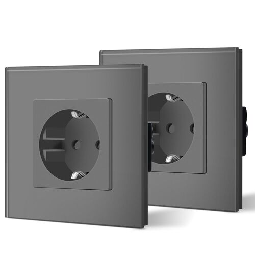 Lot de 2 prises Schuko - 16 A - Plaque en verre cristal - 1 prise encastrée - 86 mm - Protection individuelle - Prise murale - Gris