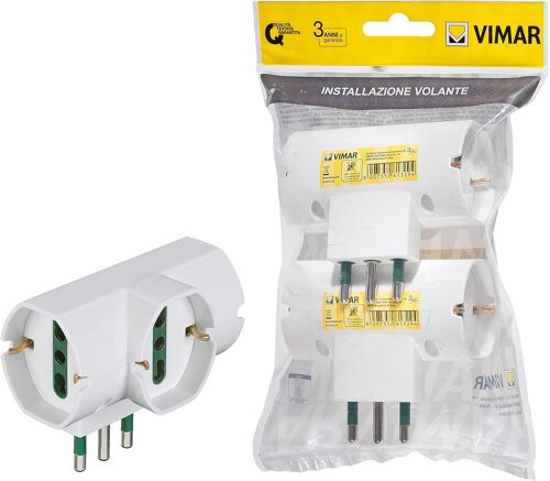 FP00315.B Adaptateur Multiple SICURY 250 V  décalé Vertical 2 pièces, fiche Standard IT Type S17, 3 Prises 2P+T 16 A universelles, Blanc, 2 pezzi