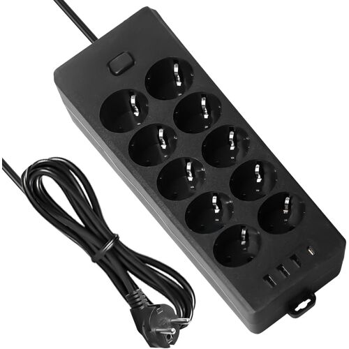 Multiprise plate 10 prises, multiprise USB avec parasurtenseur avec 10 fiches plates AC, 3 chargeurs USB et 1 prise de type C, multiprise avec câble de 2 m (CE-4)