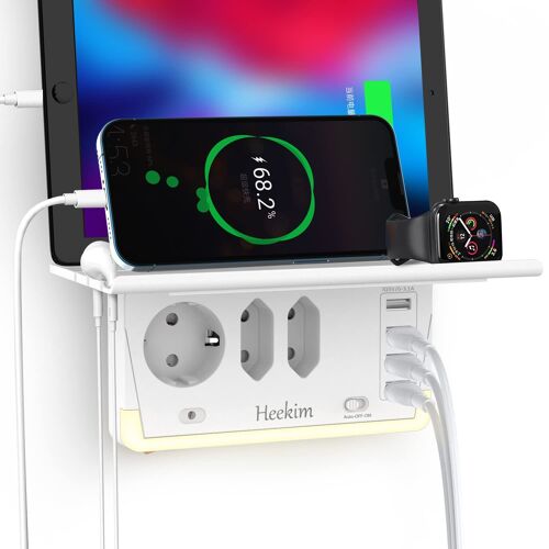Multiprise USB, Multiprise Murale avec Veilleuse et Support, Multiprise avec 3 Prises et 4 Ports USB pour la Cuisine, Salle de Bains, Chambre à Coucher, Protection Contre Les Surtensions