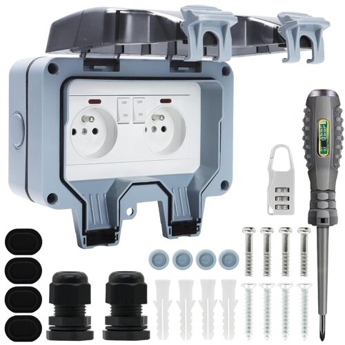 JEXNOVASHOP-Prise Exterieure Etanche IP66 Double Prise de Courant et Volet de Protection Multiprise Electrique Murale de Jardin, Prise Anti-Poussière et Coupe-Vent avec Interrupteur, Voyant Lumineux