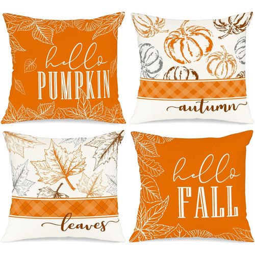 Trahoo-Lot De 4 Pièces Housses De Coussin Déco Automne 45x45cm, Tournesols De Camion De Citrouille Taies D'oreiller Pour Ferme Thanksgiving Halloween Literie Orange 45 X 45 Cm
