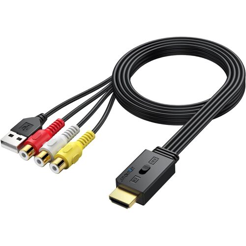 VornixorSarlshop-AUTOUTLE Convertisseur RCA vers HDMI 1080P - Adaptateur AV 16:9/4:3, PAL/NTSC avec Câble RCA Femelle 60cm pour Wii, PS1/PS2, Xbox, DVD/VHS/VCR
