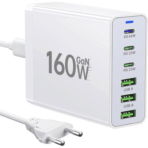 Thef-Chargeur Usb C, 160w Gan 6 Ports Multiples, Chargeur Rapide Pd Chargeur De Bureau Usb C Compatible Avec Iphone12/13/14/15 Series, Macbook Pro/Air Samsung Galaxy S23/S22/S21