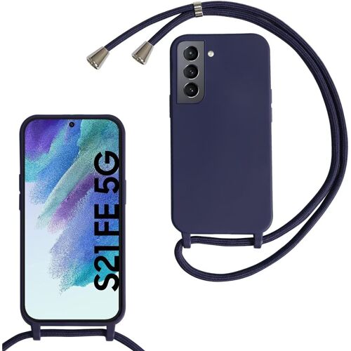 KAL-Coque Compatible Avec Samsung Galaxy S21 Fe, Collier Pour Étui Colliers De Cellulaire Mince Antichoc Réglable Lanyard Case Pu Bumper Pour Samsung Galaxy S21 Fe, Bleu Marine