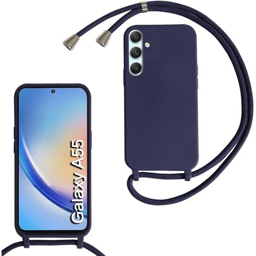 KAL-Coque Compatible Avec Samsung Galaxy A55, Collier Pour Étui Colliers De Cellulaire Mince Antichoc Réglable Lanyard Case Pu Bumper Pour Samsung Galaxy A55, Bleu Marine