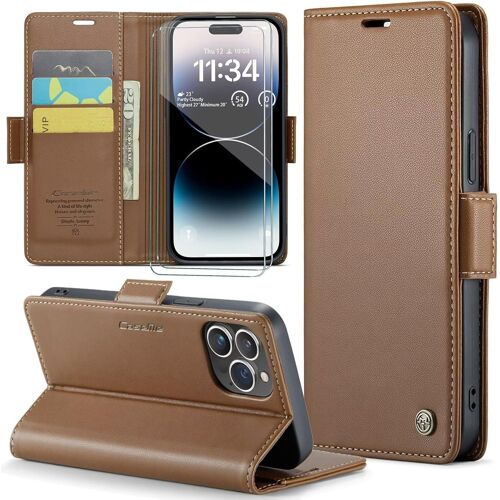 KAL-Coque Pour Iphone 16E+ 2 Pièces Verre Trempé,Antivol,Prend En Charge Le Chargement Sans Fil, Pochette Fermeture Magnétique Flip Case-Marron