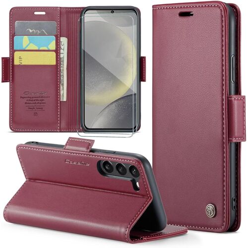 KAL-Coque Pour Samsung Galaxy S24 Plus+ 2 Pièces Verre Trempé,Antivol,Prend En Charge Le Chargement Sans Fil, Pochette Fermeture Magnétique Flip Case-Bourgogne