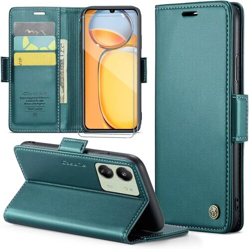 KAL-Coque Pour Xiaomi Redmi 13C/Poco C65 4G+ 2 Pièces Verre Trempé,Antivol,Prend En Charge Le Chargement Sans Fil, Pochette Fermeture Magnétique Flip Case-Bleu-Vert