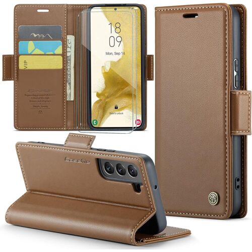 KAL-Coque Pour Samsung Galaxy S22 Plus+ 2 Pièces Verre Trempé,Antivol,Prend En Charge Le Chargement Sans Fil, Pochette Fermeture Magnétique Flip Case-Marron