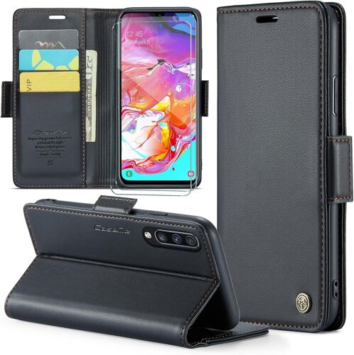 KAL-Coque Pour Samsung Galaxy A70/A70S+ 2 Pièces Verre Trempé,Antivol,Prend En Charge Le Chargement Sans Fil, Pochette Fermeture Magnétique Flip Case- Noir