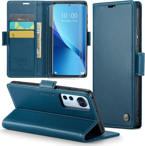 KAL-Coque Pour Xiaomi 12/Xiaomi 12X/Xiaomi 12S+ 2 Pièces Verre Trempé,Antivol,Prend En Charge Le Chargement Sans Fil, Pochette Fermeture Magnétique Flip Case- Bleu
