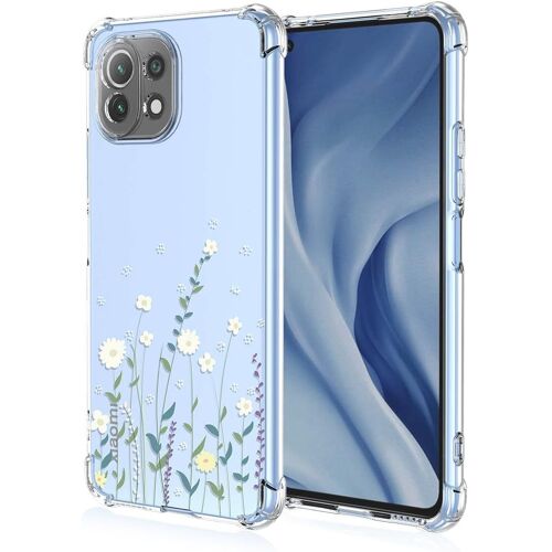 KAL-Transparent Coque Pour Xiaomi 11 Lite 5G Ne/Xiaomi Mi 11 Lite, Très Mince Antichoc Premium Silicone Tpu Housse, Souple Soyeux Étui Avec Élégant Simple Motif, Fleurs Blanches