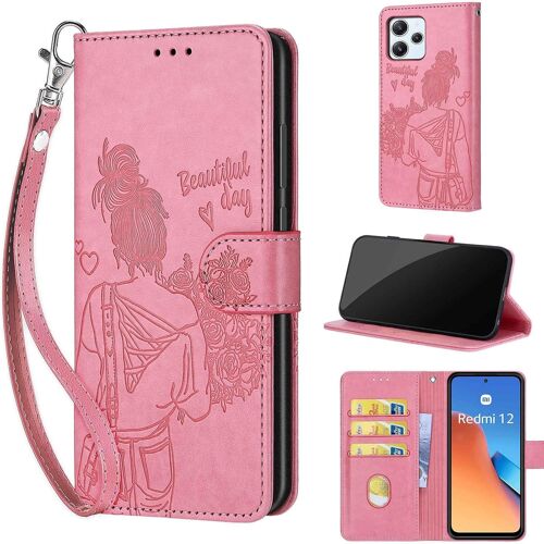 KAL-Coque Pour Xiaomi Redmi 12 4G / 12 5G Étui, Avec [Fentes Pour Cartes] [Magnétique] Premium En Cuir Portefeuille Etui Housse Pour Xiaomi Redmi Note 12R / Xiaomi Poco M6 Pro 5G Rose