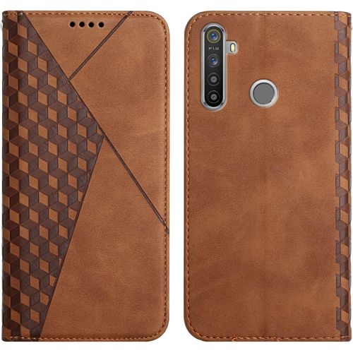 KALANKA-Coque pour Oppo Realme 5 / 6i, Premium Flip Housse Étui Protection Rabat Clapet Portefeuille Phone Cover Magnétique [Porte Cartes] Antichoc Béquille Cover (Marron)