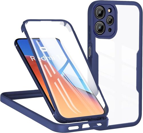 KAL-Coque Pour Xiaomi Redmi 12 4G, Antichoc Housse Avec Protecteur D'Écran Intégré, Étui De Téléphone 360 Protection Complet Portable Double Face Transparent Bumper Intégrale Case - Bleu