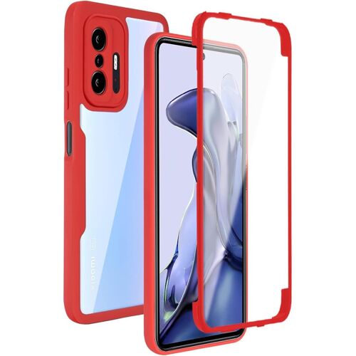 KAL-Transparent Coque Pour Xiaomi 11T Pro 5G / Xiaomi 11T 5G, 360° Intégrale Protection Mode Très Mince Antichoc Étui Avec L'Écran Intégré, Dur Pc + Silicone Tpu Bumper Housse (Rouge)