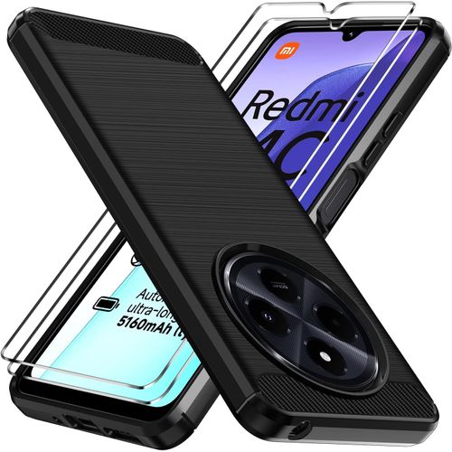 Coque Silicone Pour Xiaomi Redmi 14c 4g / Poco C75 Avec 2 Pièces Verre Trempé, [Protection Antichoc Militaire] Étui De Protection, Mince Souple Tpu Anti-Rayures Dos Bumper Housse, Noir