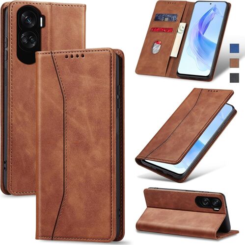 KAL-Coque Pour Honor 90 Lite 5G, Housse Etui En Cuir Pu Portefeuille [Antichoc] [Magnétique] [Porte Cartes] [Stand Fonction] Flip Coque (Brun)
