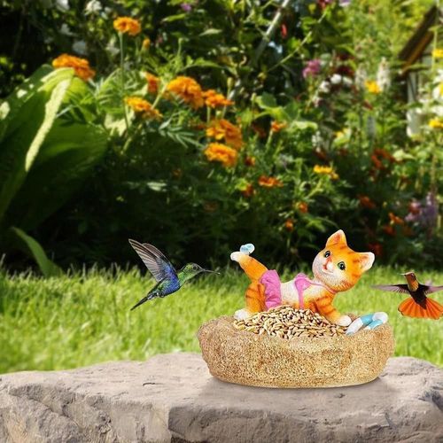 Statue De Jardin Mangeoire À Oiseaux Sculpture De Chat Résine Artisanat Mignon