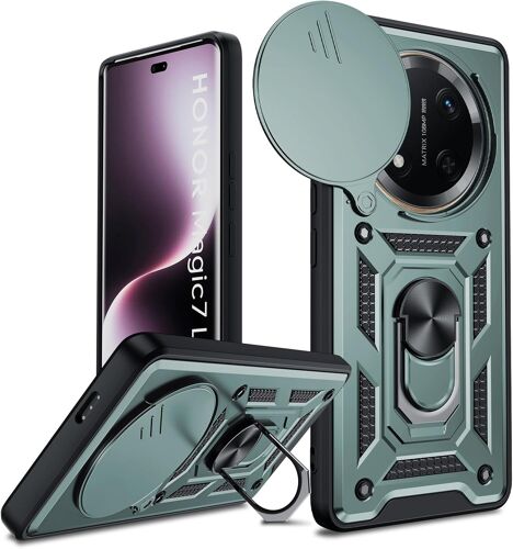 JGD-Coque pour Honor Magic 7 Lite 5G Antichoc Full Protection Caméra Coulissante,Anneau Support, Étui de PC Dur et TPU Silicone Militaire Anti-Rayures Coque,Vert