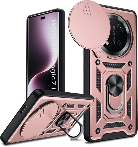 TRAHOO-Coque pour Honor Magic 7 Lite 5G Antichoc Full Protection Caméra Coulissante,Anneau Support, Étui de PC Dur et TPU Silicone Militaire Anti-Rayures Coque,Rose