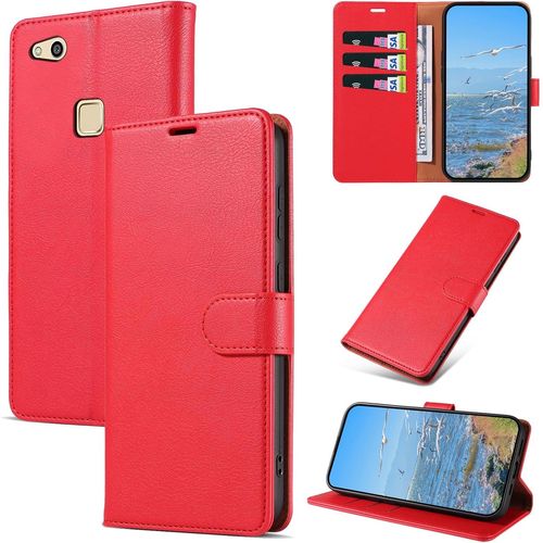 Kal-Coque Pour Huawei P10 Lite, Antichoc Magnetique Étui À Rabat Avec Porte Cartes, Portefeuille Housse En Cuir Pu Coque Pour Huawei P10 Lite, Rouge