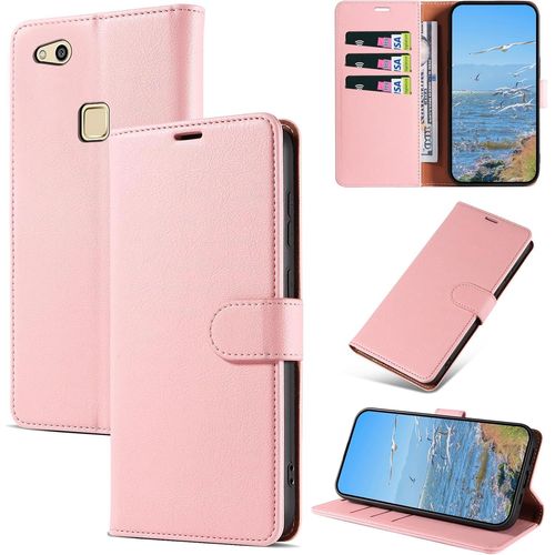 Kalanka-Coque Pour Huawei P10 Lite, Antichoc Magnetique Étui À Rabat Avec Porte Cartes, Portefeuille Housse En Cuir Pu Coque Pour Huawei P10 Lite, Rose