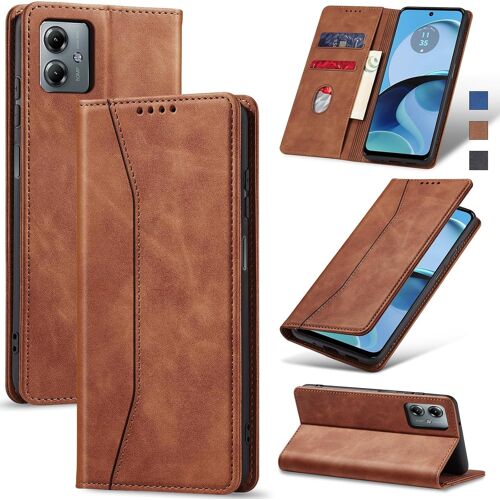 KAL-Coque Pour Motorola Moto G14, Housse Etui En Cuir Pu Portefeuille [Antichoc] [Magnétique] [Porte Cartes] [Stand Fonction] Flip Coque (Brun)