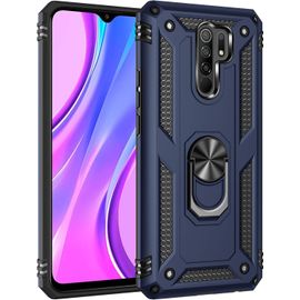 Coque Pour Xiaomi Redmi 9, Verre Trempé, Étui De Protection Soft Tpu + Pc, Heavy Duty, Slim Dual Layer Protective Housse Etui Coque Avec Support De Bague En Métal, Bleu